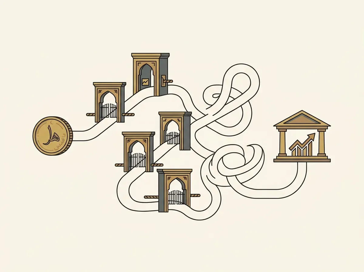 An illustration of a complex path with barriers, representing the challenges of traditional international investing.