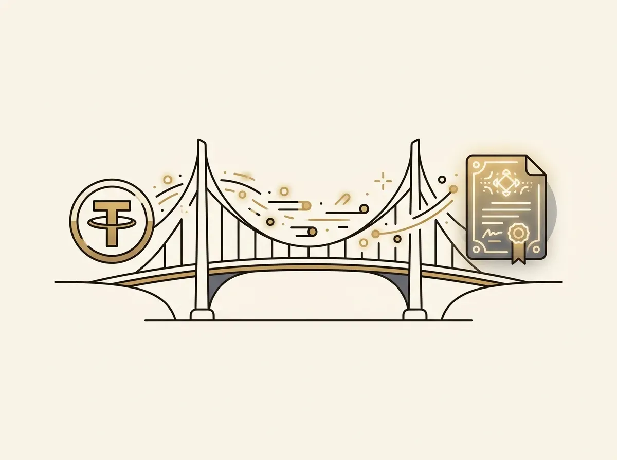 An illustration of a direct bridge between a stablecoin and a tokenized stock, symbolizing an efficient investment path.
