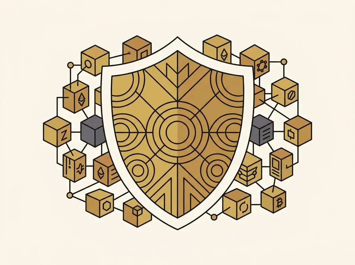 An illustration of a shield protecting digital assets, symbolizing a secure regulatory framework for crypto in the UAE.