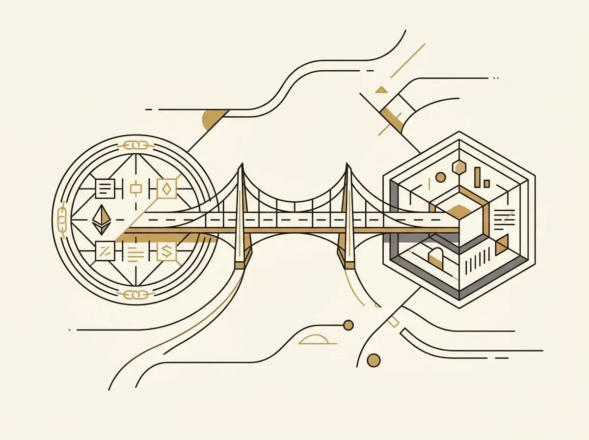 An illustration of a bridge connecting a circle to a hexagon, symbolizing the link between two different systems.