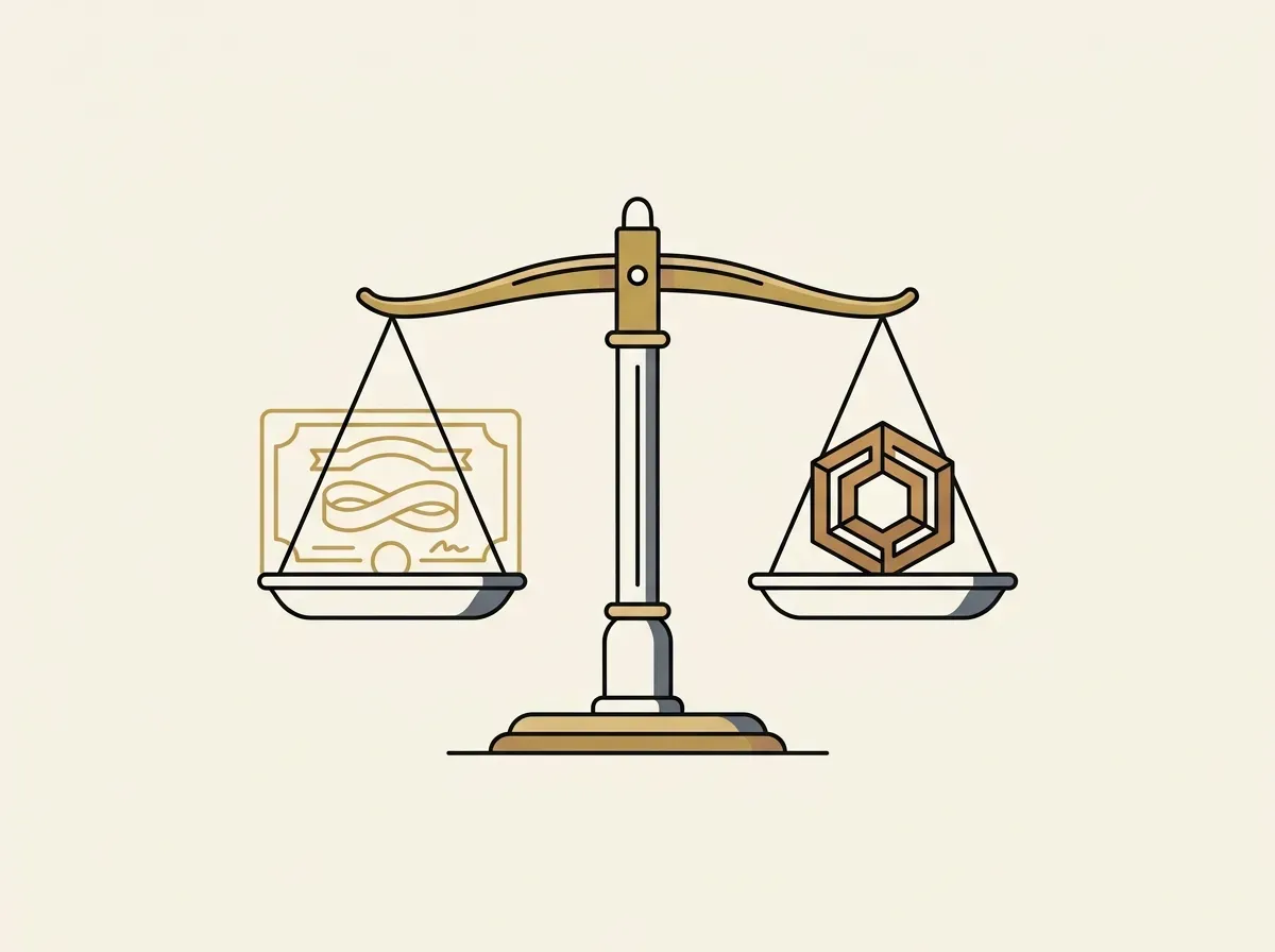 A balanced scale holding a stock certificate on one side and a digital token on the other, representing 1:1 backing.