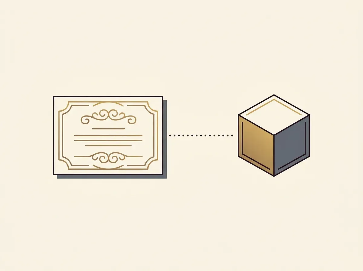 An illustration of a classic stock certificate being converted into a digital blockchain token.