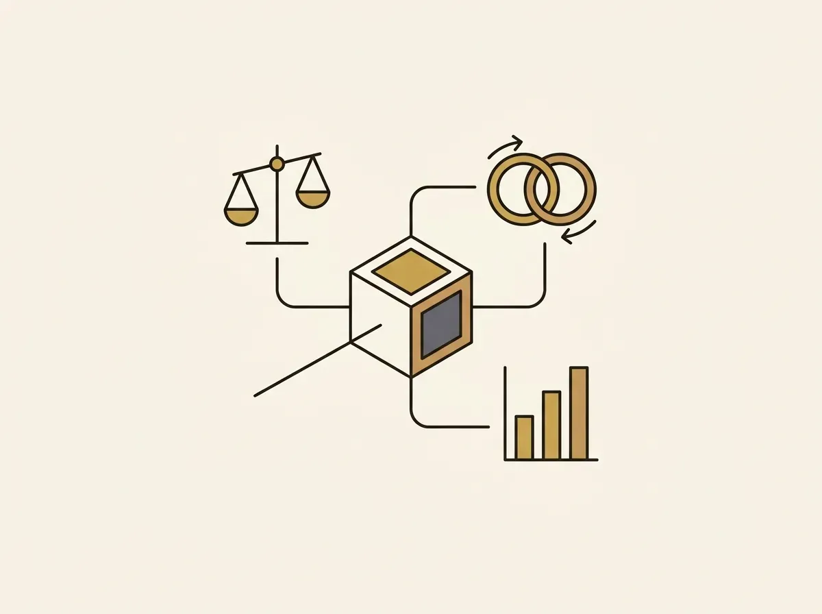 An illustration of a central token connected to various decentralized finance (DeFi) protocol icons.