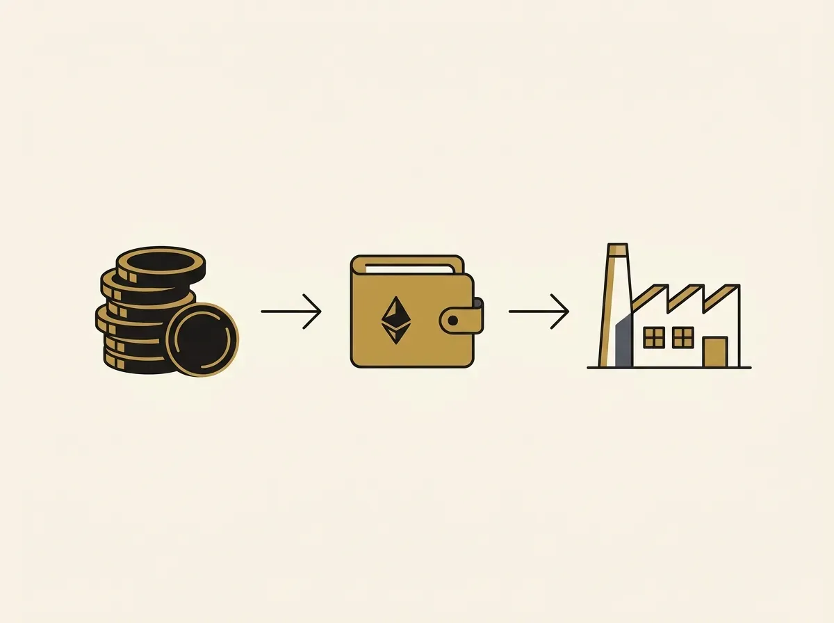 An illustration showing the process of exchanging stablecoins for a tokenized stock via a digital wallet.