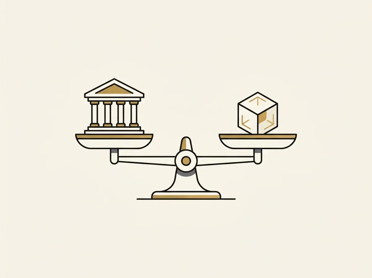 An illustration of a balanced scale with a real-world stock on one side and a digital token on the other.