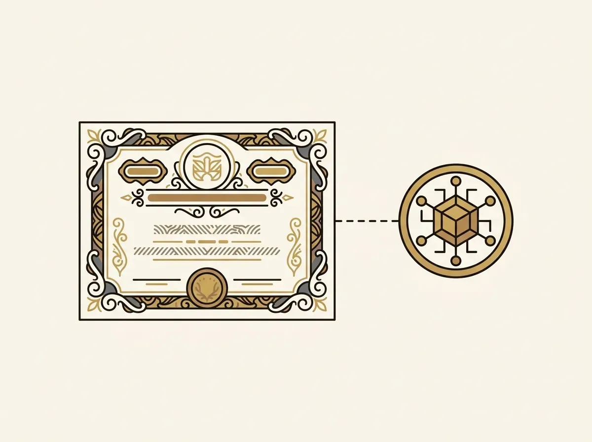 An illustration showing a physical stock certificate linked directly to a digital token, representing 1-to-1 backing.