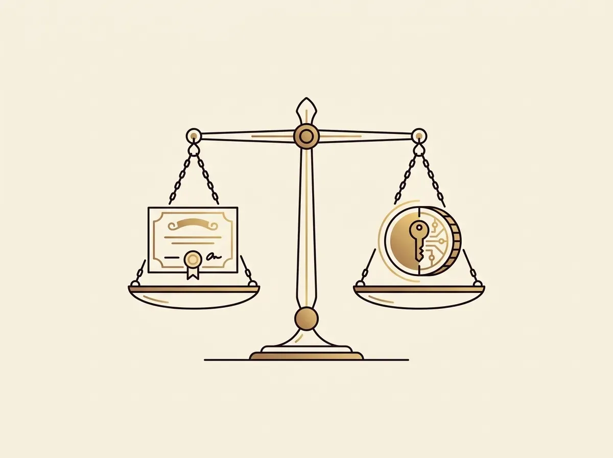 A balanced scale holding a stock certificate on one side and a digital token on the other, representing 1:1 backing.