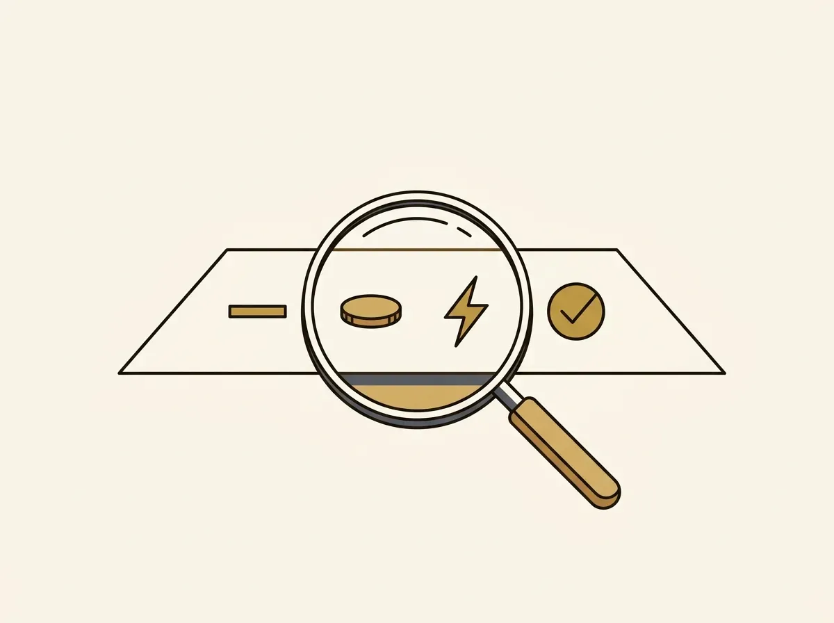 A magnifying glass inspects four icons representing criteria for choosing a crypto: stability, cost, speed, and acceptance.