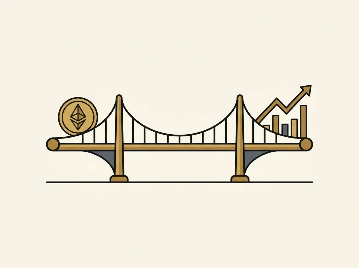 A stable, straight bridge connects a coin on one side to a stock chart on the other, symbolizing stablecoins.