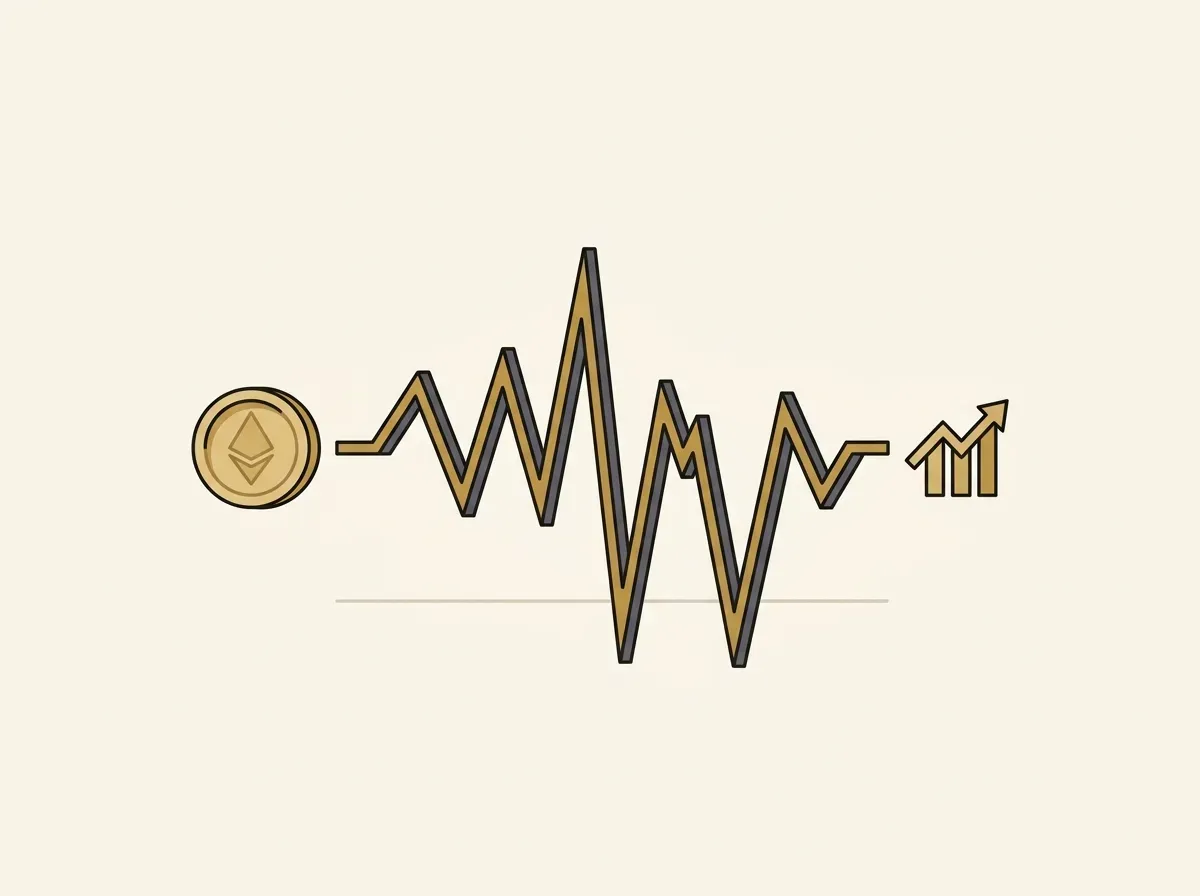 A jagged, volatile line represents the risky path of using volatile crypto for a transaction, contrasted with a stable line.