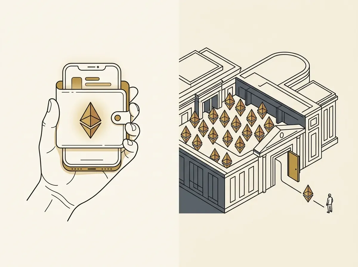 An illustration comparing self-custody in a personal wallet versus assets held by a large, centralized institution.