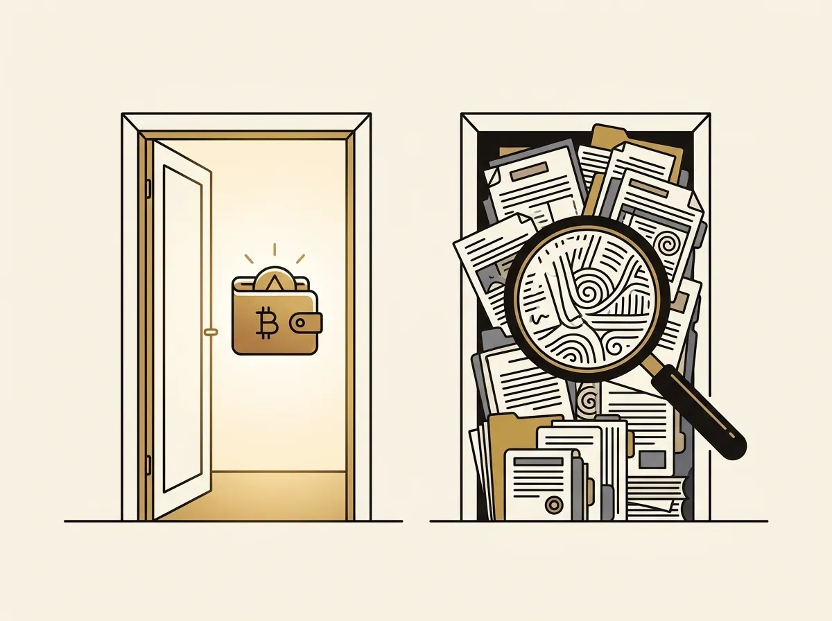 An illustration comparing a simple, open onboarding process with a complex verification process requiring documents.