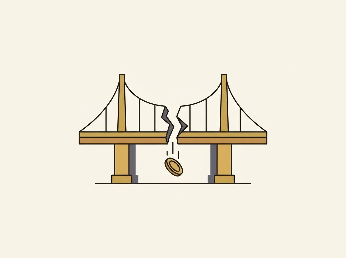 An illustration of a broken bridge with a coin falling through a crack, representing the security risks of bridging.