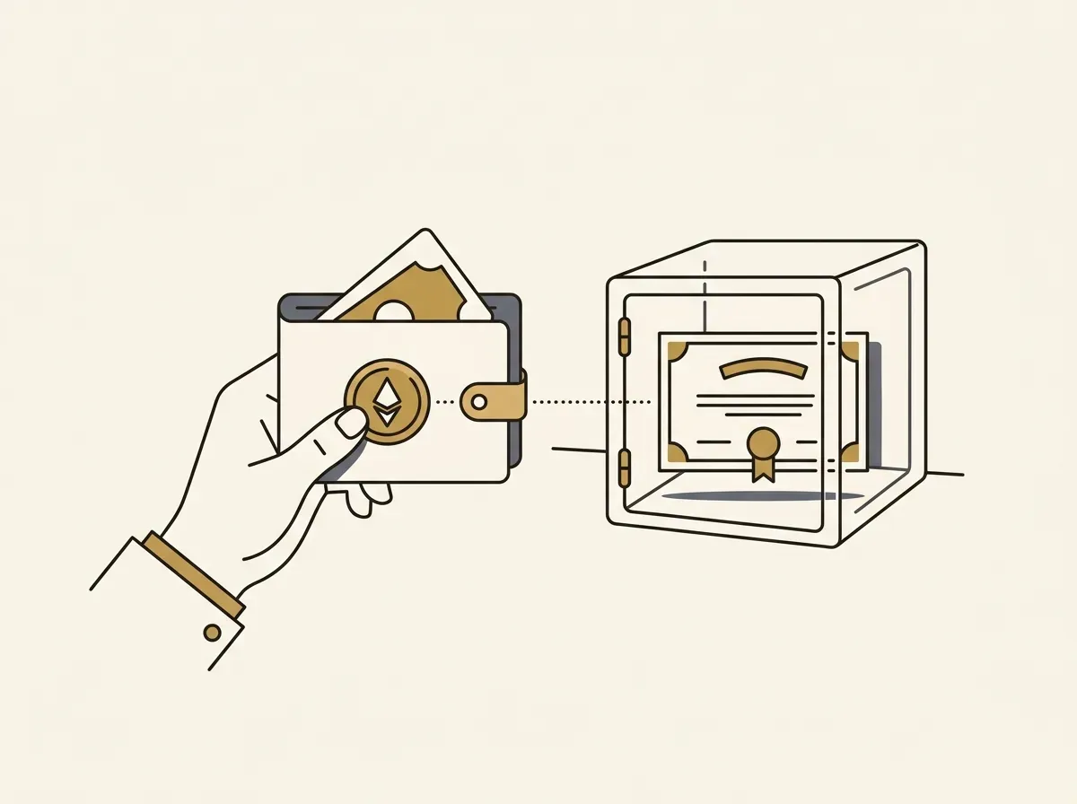 An illustration showing a token in a self-custody wallet that is backed by a real share in a secure vault.