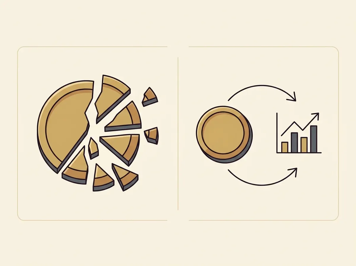 An illustration contrasting a coin breaking into many small pieces versus a single coin being exchanged for a stock.
