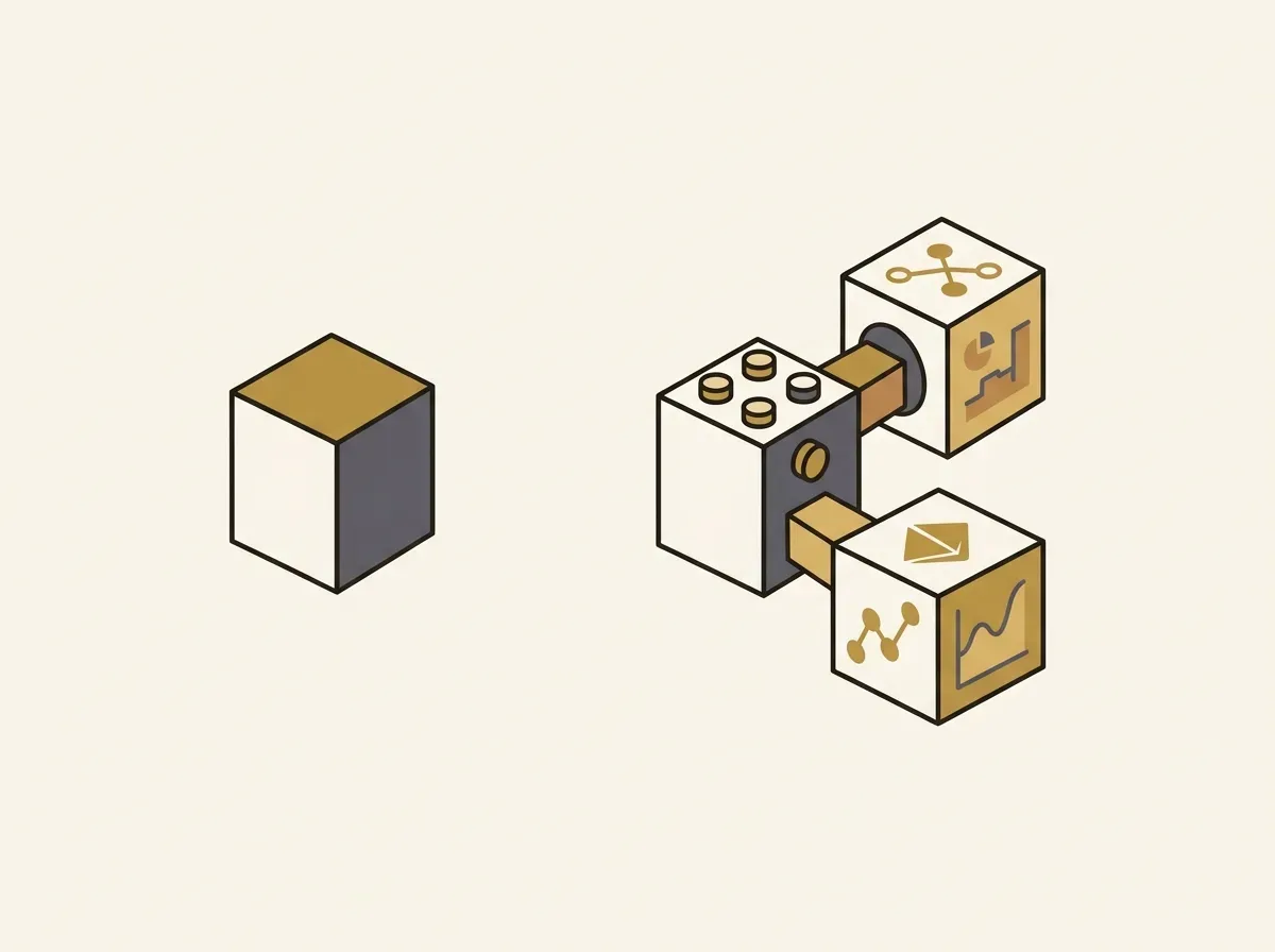 An illustration showing an isolated block versus a connectable block that plugs into other financial services.