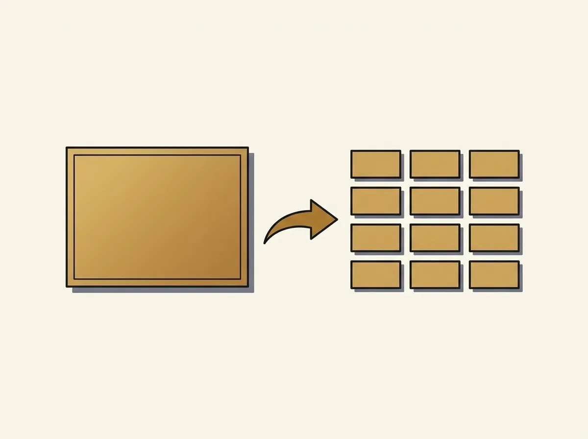 An illustration of a stock split, where one large share is divided into ten smaller shares of equal total value.