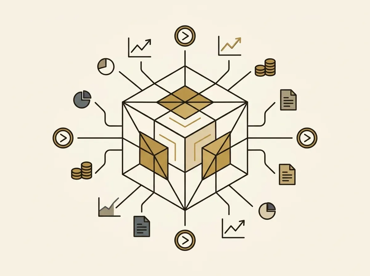 An abstract representation of a blockchain oracle network feeding data to a central smart contract.