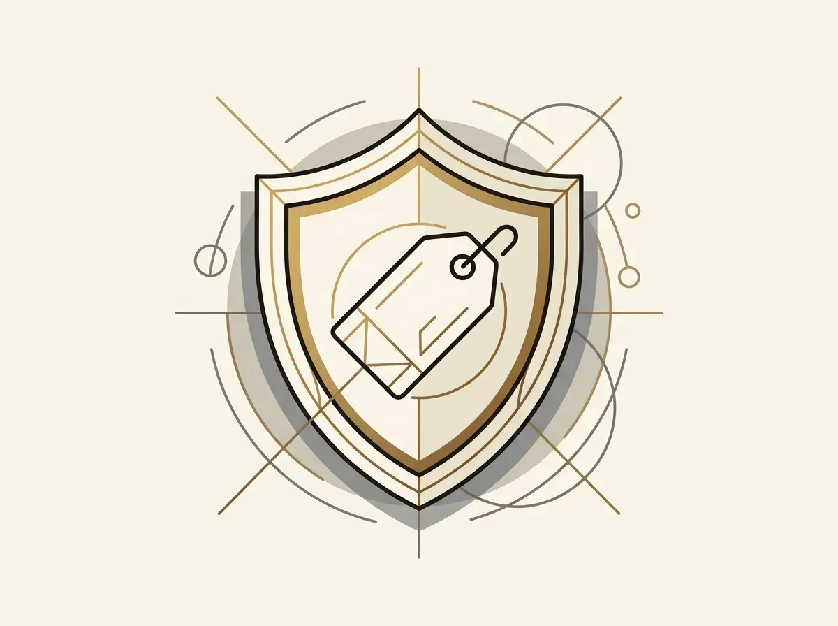 A shield icon containing a price tag, representing the security and certainty of a Request-for-Quote (RFQ) system.