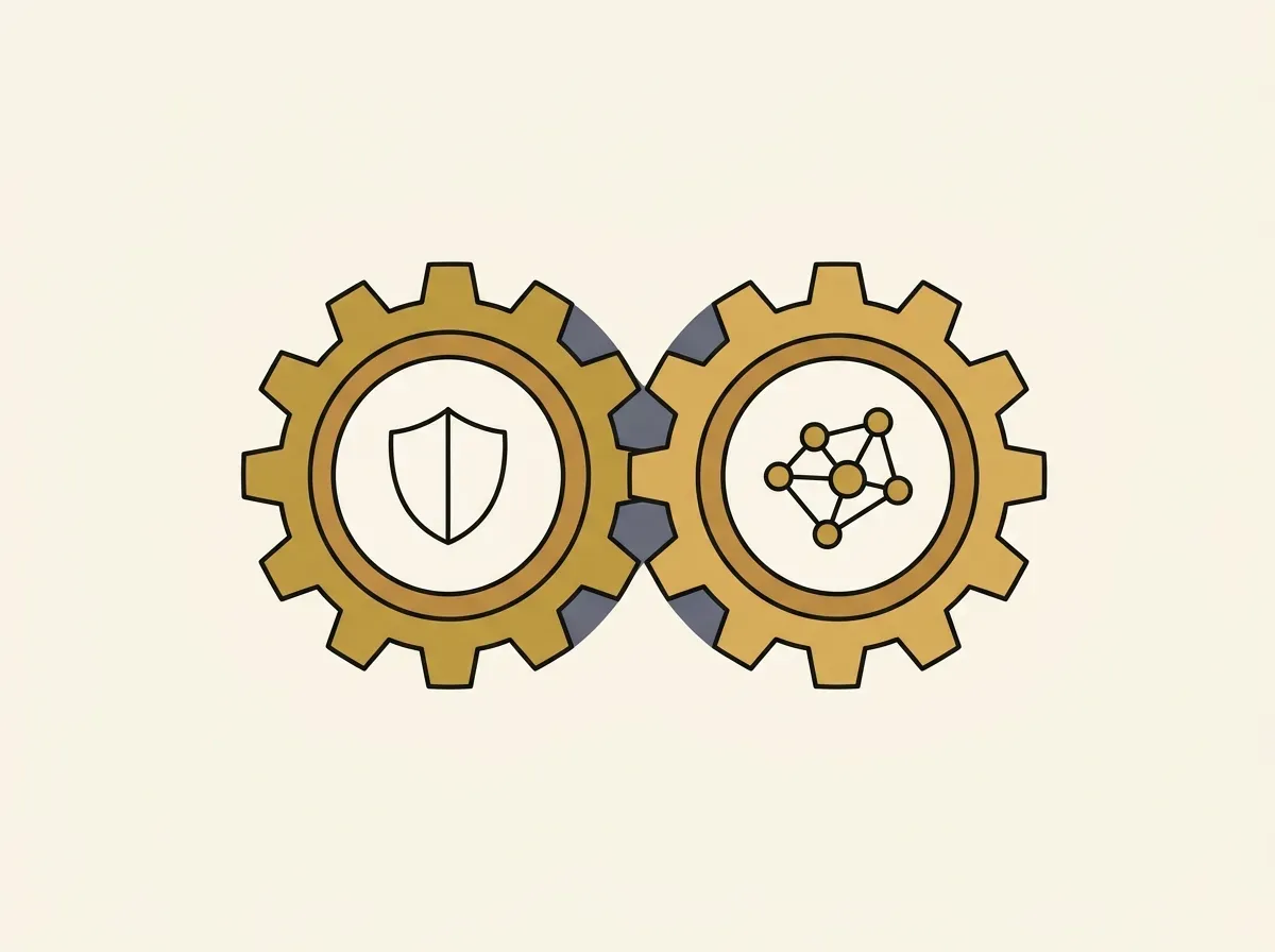 Two interlocking gears, one representing a secure RFQ system and the other representing an oracle network, working together.