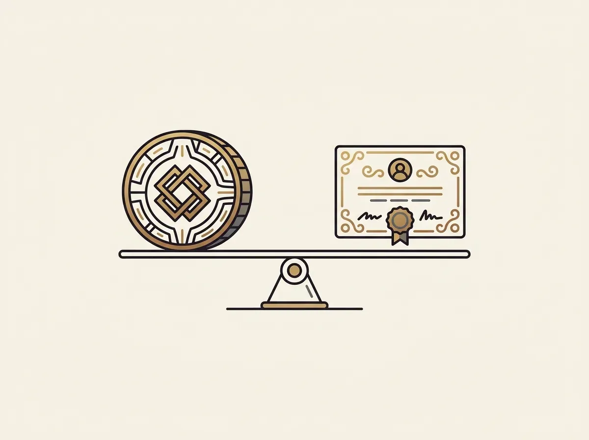 A digital token on one side of a scale is perfectly balanced by a stock share on the other, representing 1-to-1 backing.