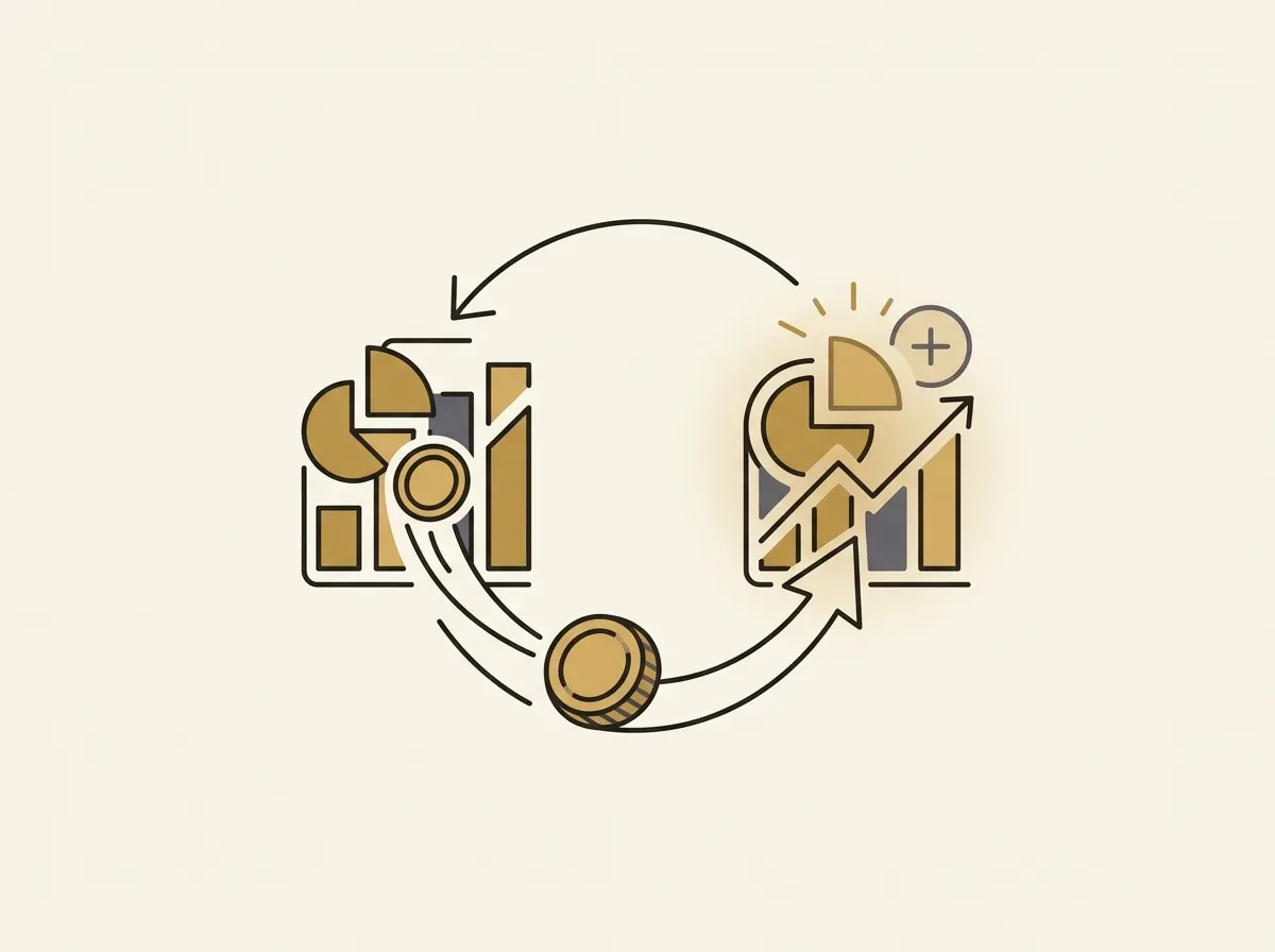 An icon of a dividend coin leaving a stock symbol and being reinvested back into it, causing the stock symbol to grow.