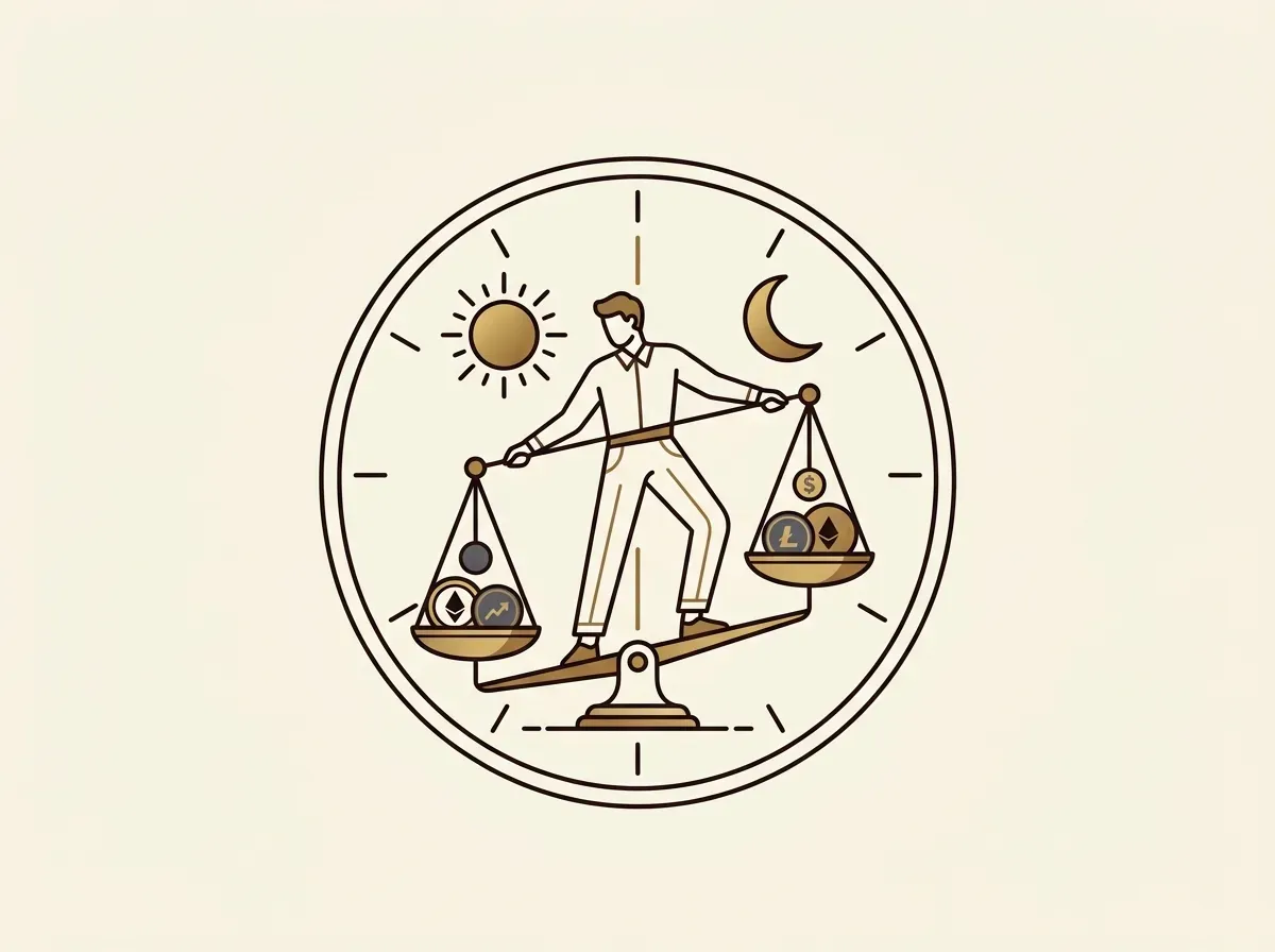 A clock split between sun and moon, showing the challenge of managing assets in a 24/7 market.