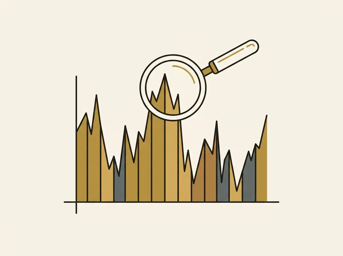 A magnifying glass examines the volatile movements of a financial chart, representing investment risk.