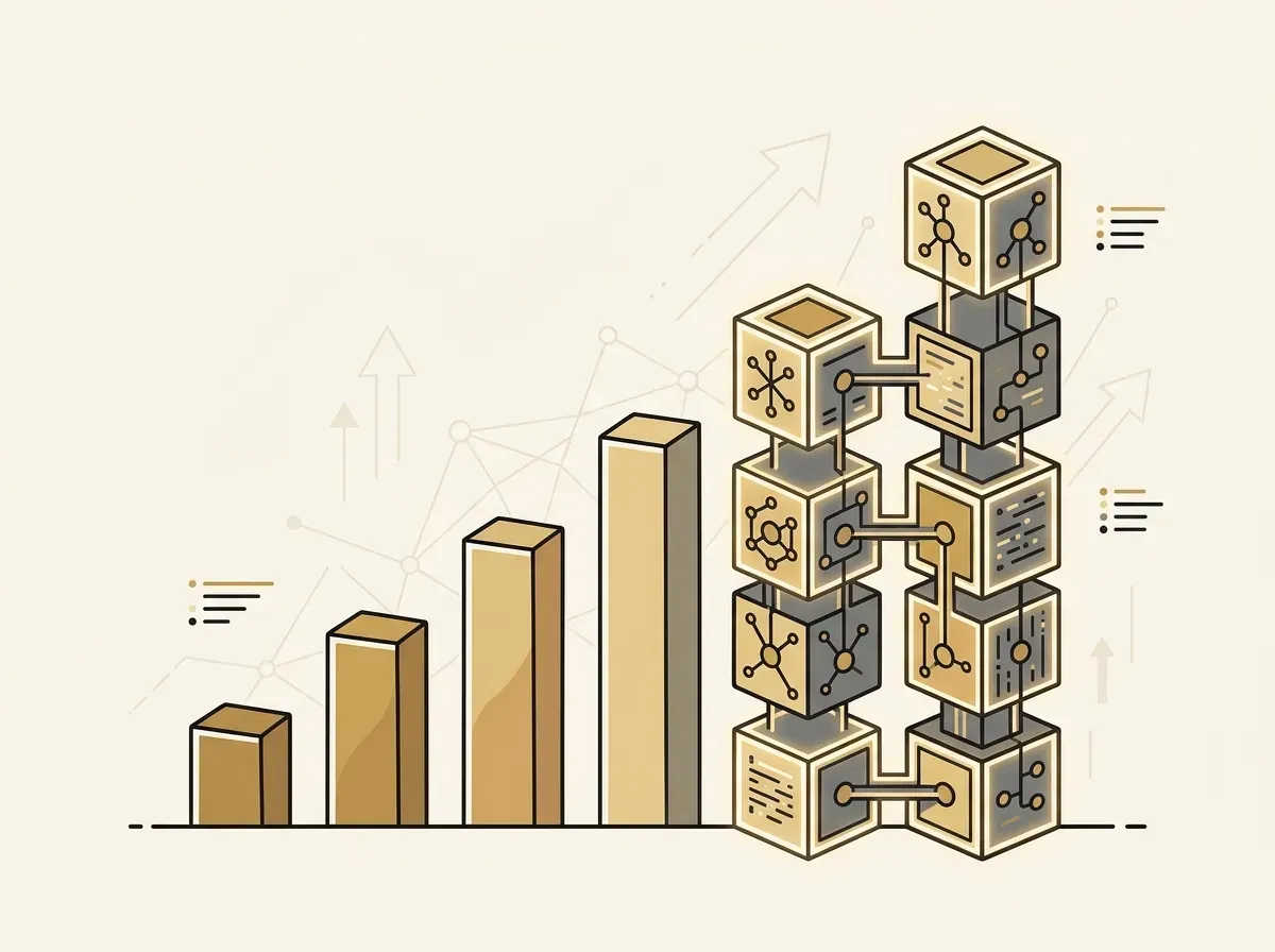 A bar chart where the final bar is made of digital blocks, representing tokenized assets enhancing investment.