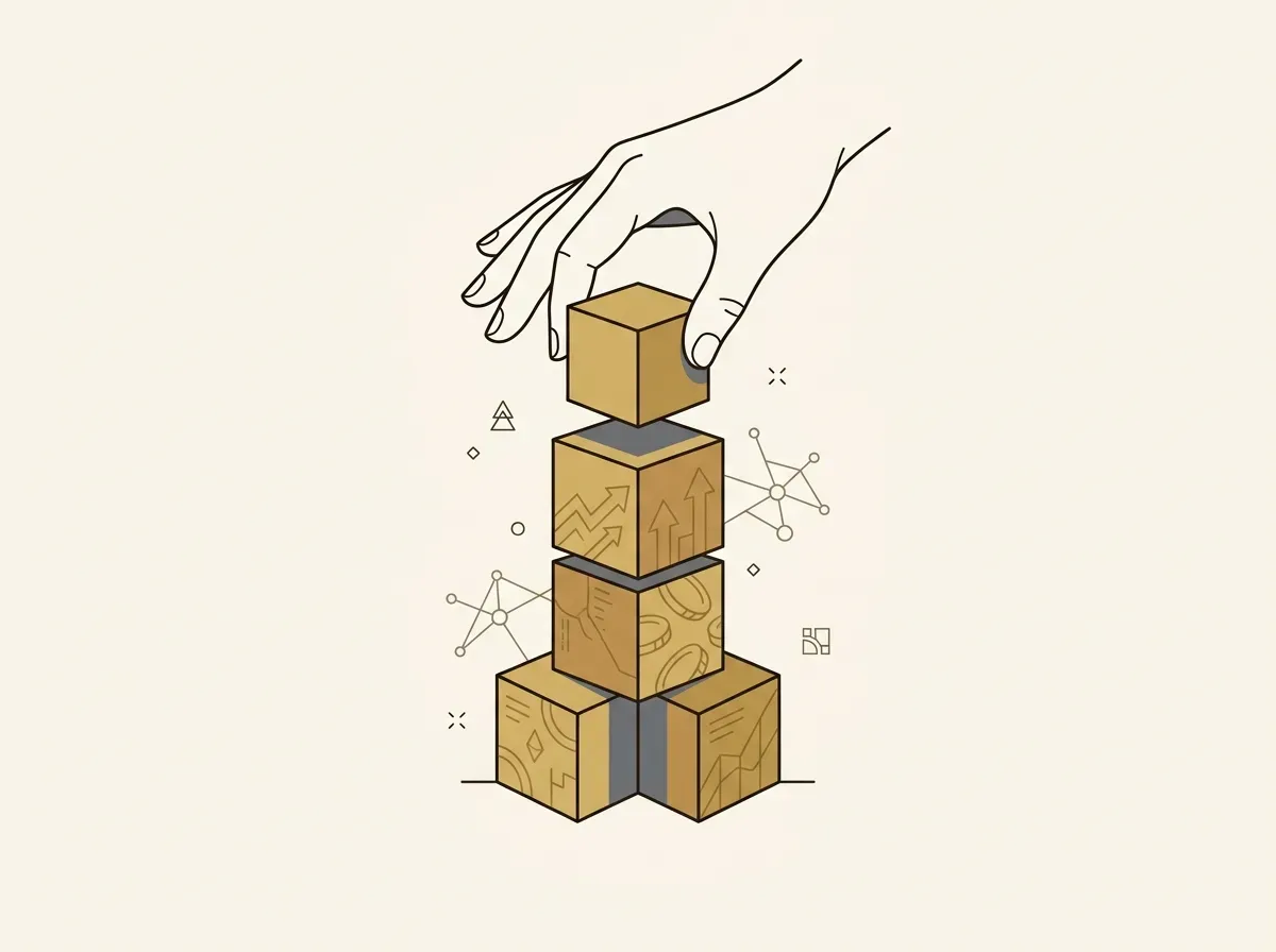 A hand places the final block on a stable stack, symbolizing the careful construction of a passive investment portfolio.