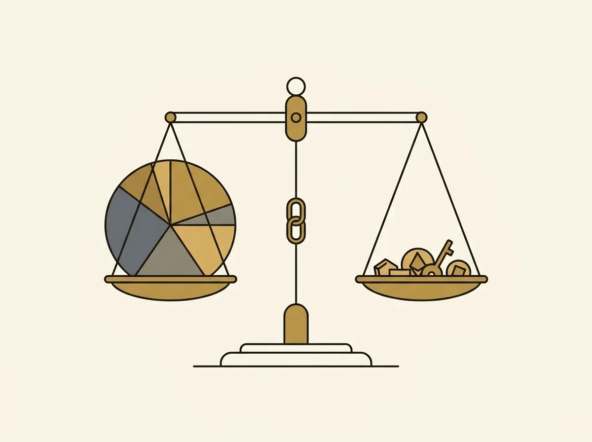 A pie chart sits on a balance scale, representing portfolio rebalancing.