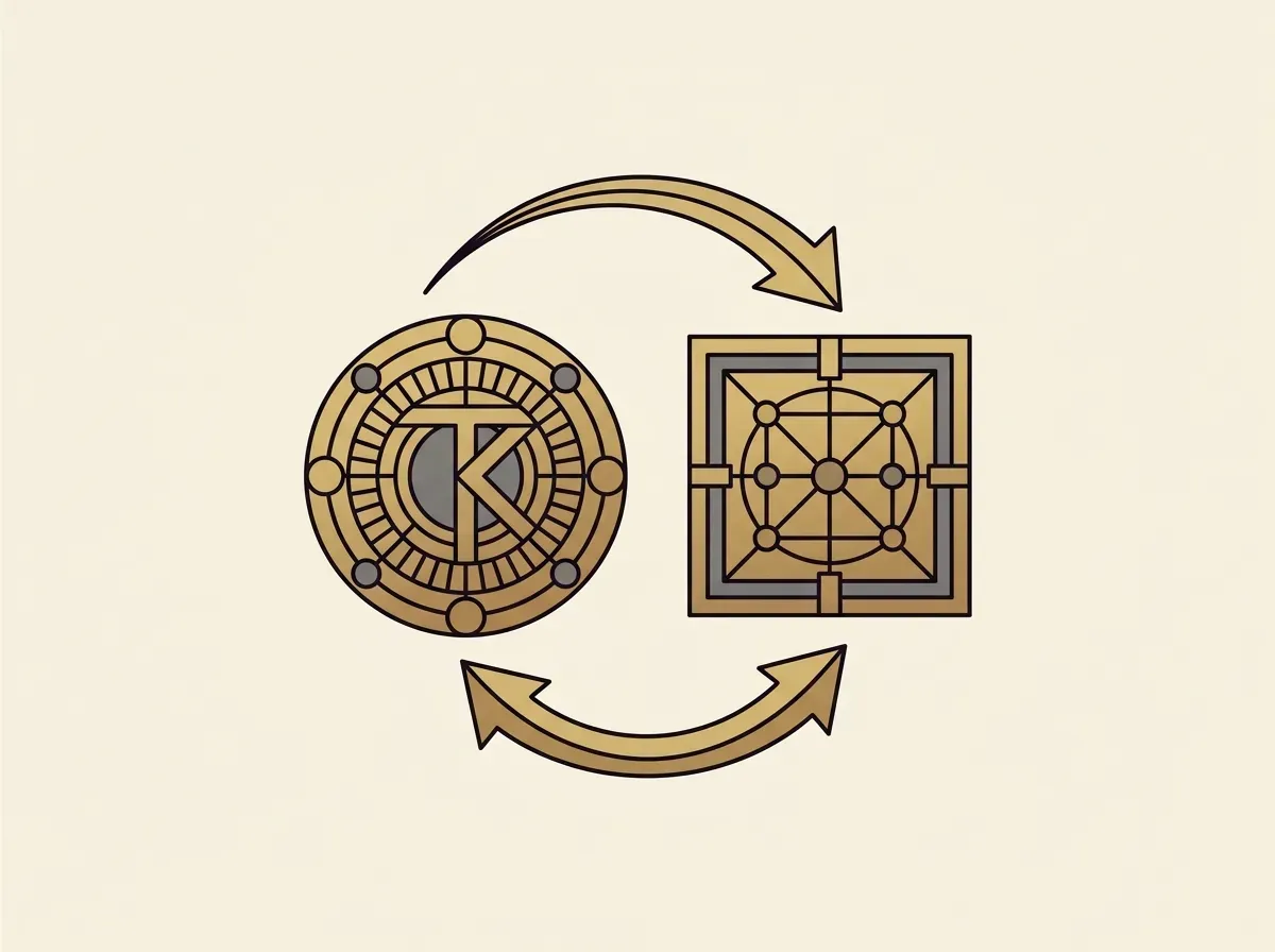 Two different abstract tokens swapping places in a circular motion, representing a trade on a decentralized exchange.