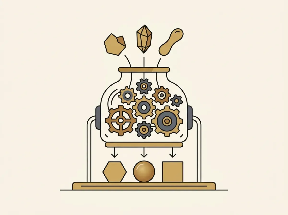 A machine with gears automatically balancing assets, representing automated DeFi protocols.