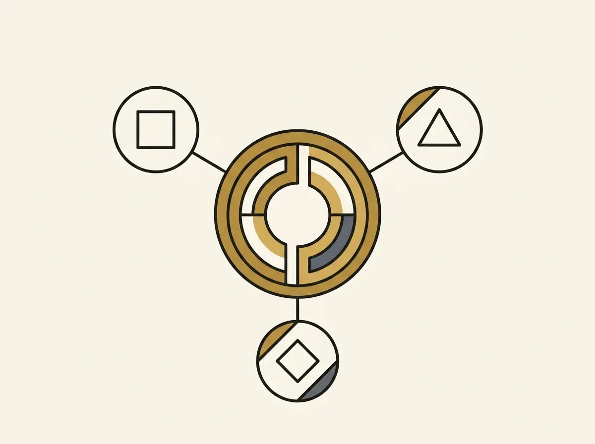 An abstract diagram of a central hub connected to three smaller circles, representing a portfolio dashboard overview.