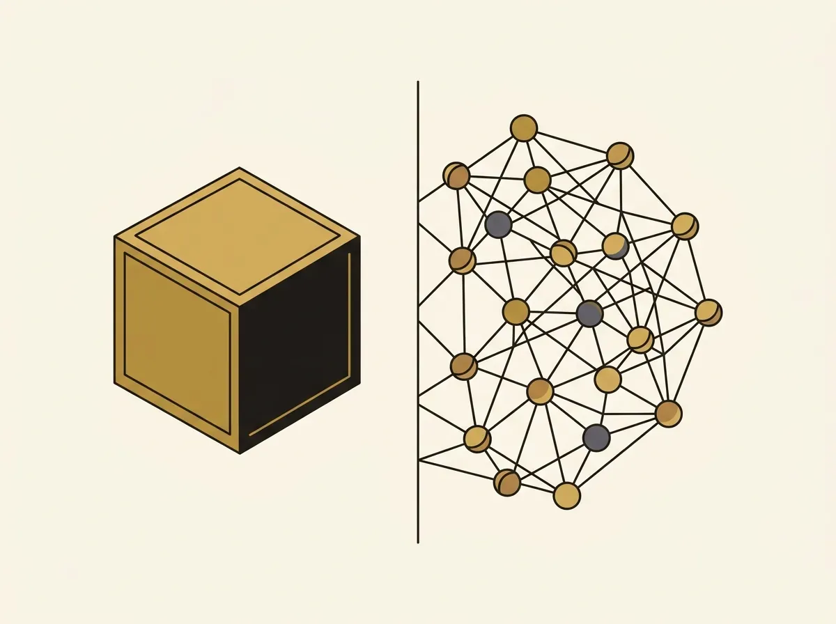 A split image comparing a single, solid cube on one side with a network of interconnected spheres on the other.