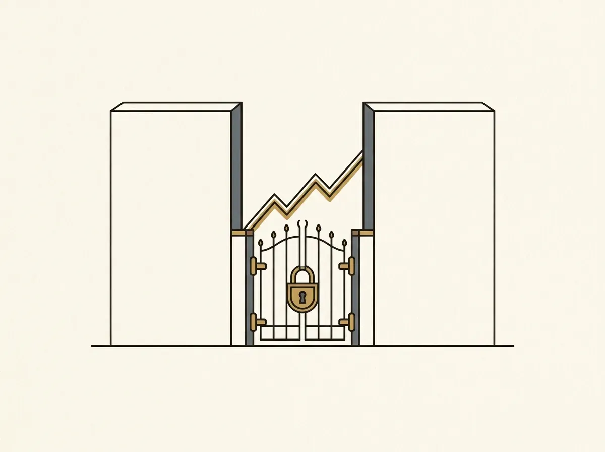 An illustration of a large wall with a small locked gate, representing barriers to accessing financial markets.